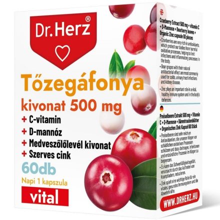 Dr. Herz Tőzegáfonya kivonat 500 mg + C vitamin + D-mannóz + Medveszőlőlevél kivonat + szerves cink 60 db